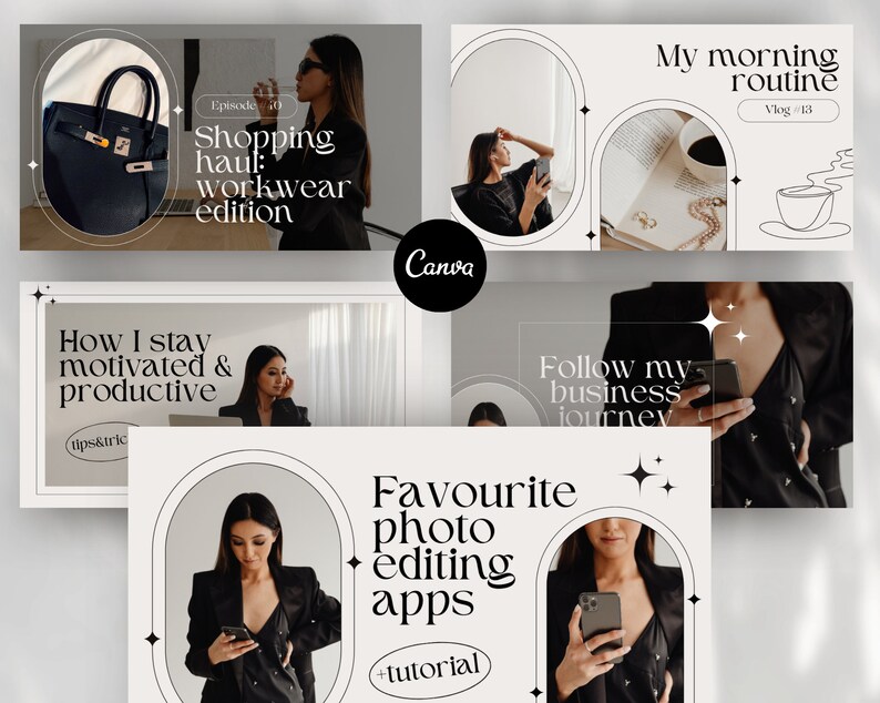 May include: A collage of images with text overlays. The images feature a woman in a black blazer using a phone, a cup of coffee, and a black handbag. The text includes "Shopping haul: workwear edition", "How I stay motivated & productive", "Follow my business journey", "Favourite photo editing apps", "My morning routine", and "Vlog #13".