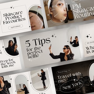 May include: A collage of Instagram story graphics with a minimalist aesthetic. The graphics feature black text on a white background with a black and white star design. The text includes "Skincare Product Favourites", "5 Tips for the perfect Selfie", "PM Skincare Routine", "80/20 RULE What I eat in a day", "RESET Prep for the week with me", and "Travel Vlog 3 Travel with me: New York".