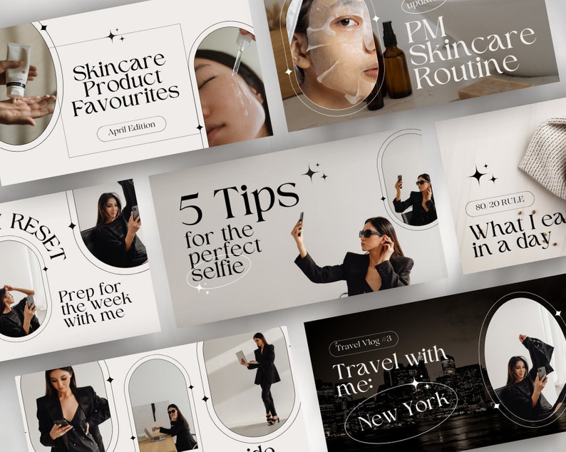 May include: A collage of Instagram story graphics with a minimalist aesthetic. The graphics feature black text on a white background with a black and white star design. The text includes "Skincare Product Favourites", "5 Tips for the perfect Selfie", "PM Skincare Routine", "80/20 RULE What I eat in a day", "RESET Prep for the week with me", and "Travel Vlog 3 Travel with me: New York".