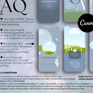 May include: A digital product display featuring Canva templates for social media reels. The templates showcase a light blue and white color scheme with graphics and text. The image includes the word "FAQ" and the Canva logo.