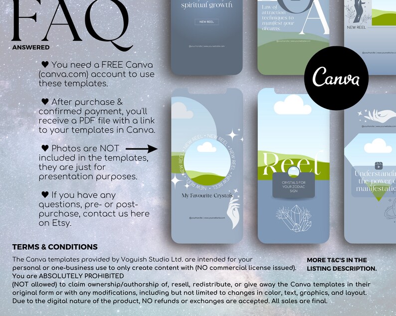 May include: A digital product display featuring Canva templates for social media reels. The templates showcase a light blue and white color scheme with graphics and text. The image includes the word "FAQ" and the Canva logo.