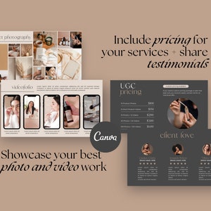 May include: A promotional graphic with the text "product photography" and "videofolio." The image includes a collage of product photos and videos, along with pricing information and client testimonials. The text "Showcase your best photo and video work" is also included.