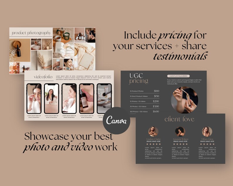 May include: A promotional graphic with the text "product photography" and "videofolio." The image includes a collage of product photos and videos, along with pricing information and client testimonials. The text "Showcase your best photo and video work" is also included.