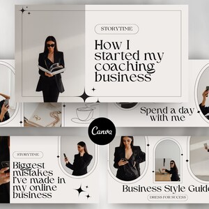 May include: A collage of Instagram story graphics with a white background and black text. The text includes "Storytime", "How I started my coaching business", "Spend a day with me", "Biggest mistakes I've made in my online business", and "Business Style Guide: Dress for Success".