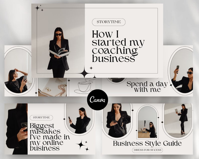 May include: A collage of Instagram story graphics with a white background and black text. The text includes "Storytime", "How I started my coaching business", "Spend a day with me", "Biggest mistakes I've made in my online business", and "Business Style Guide: Dress for Success".