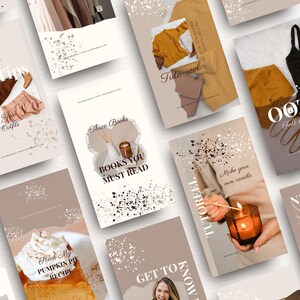 Pu&ograve; includere: Un collage di nove modelli di storie Instagram a tema autunnale. I modelli presentano immagini di abbigliamento, libri, candele e cibo. Il testo sui modelli include "3 consigli", "Stile i tuoi outfit autunnali", "Tre libri", "Libri da leggere assolutamente", "Conosci", "Tutorial", "Fai la tua candela", "OOTD Edizione Autunno", e "Nuove uscite".