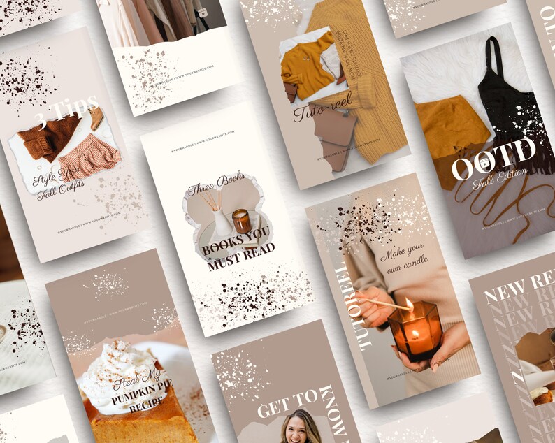 Pu&ograve; includere: Un collage di nove modelli di storie Instagram a tema autunnale. I modelli presentano immagini di abbigliamento, libri, candele e cibo. Il testo sui modelli include "3 consigli", "Stile i tuoi outfit autunnali", "Tre libri", "Libri da leggere assolutamente", "Conosci", "Tutorial", "Fai la tua candela", "OOTD Edizione Autunno", e "Nuove uscite".