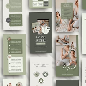 Puede incluir: Un conjunto de plantillas para redes sociales en tonos verdes y blancos, con textos e im&aacute;genes relacionados con el bienestar y la meditaci&oacute;n. Las plantillas incluyen frases como "Course Bundle", "Tips for Happiness" y "3 Tips on Meditation."