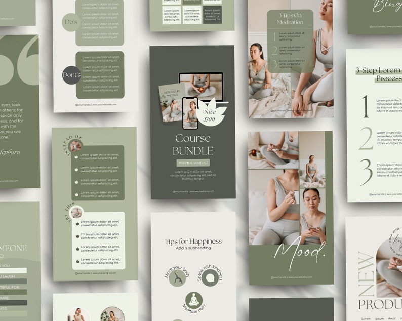 Puede incluir: Un conjunto de plantillas para redes sociales en tonos verdes y blancos, con textos e im&aacute;genes relacionados con el bienestar y la meditaci&oacute;n. Las plantillas incluyen frases como "Course Bundle", "Tips for Happiness" y "3 Tips on Meditation."
