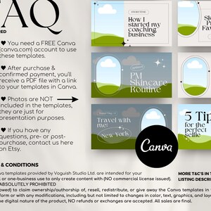 May include: A set of Canva templates for social media posts. The templates feature a variety of designs, including a travel theme, a skincare routine, and a list of favorite skincare products. The templates are designed to be used with the Canva app.