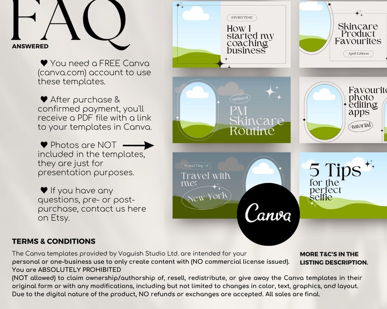 May include: A set of Canva templates for social media posts. The templates feature a variety of designs, including a travel theme, a skincare routine, and a list of favorite skincare products. The templates are designed to be used with the Canva app.