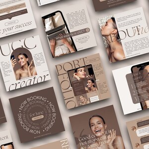 May include: A collection of social media posts for a UGC creator. The posts feature a brown and white colour scheme and include text such as "UGC creator", "Now Booking", "What exactly is UGC?" and "Good content is not storytelling, it's telling your story well."