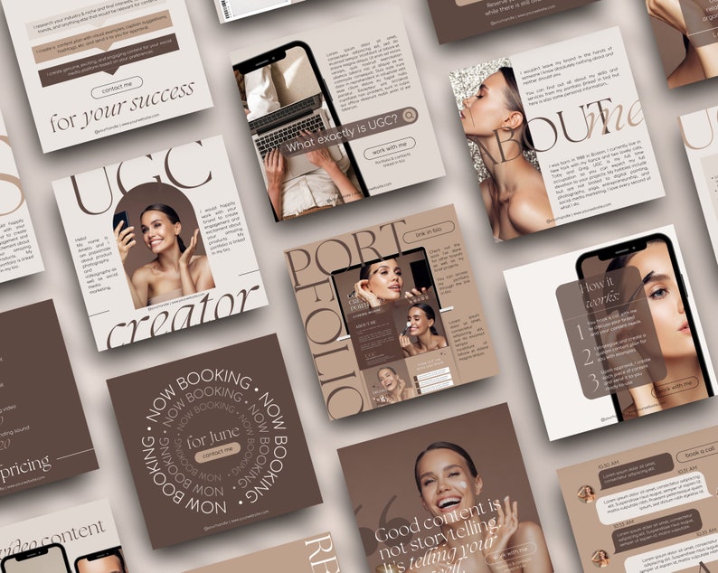 May include: A collection of social media posts for a UGC creator. The posts feature a brown and white colour scheme and include text such as "UGC creator", "Now Booking", "What exactly is UGC?" and "Good content is not storytelling, it's telling your story well."