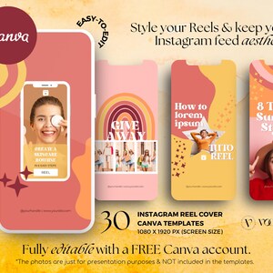 Może przedstawiać: Zestaw 30 szablon&oacute;w okładek rolek na Instagramie do Canva. Szablony zawierają r&oacute;żnorodne kolorowe wzory z tekstem, kt&oacute;ry brzmi "Give Away", "How to lorem ipsum" i "8 Tips on Summer Styling". Szablony są w pełni edytowalne za pomocą bezpłatnego konta Canva.