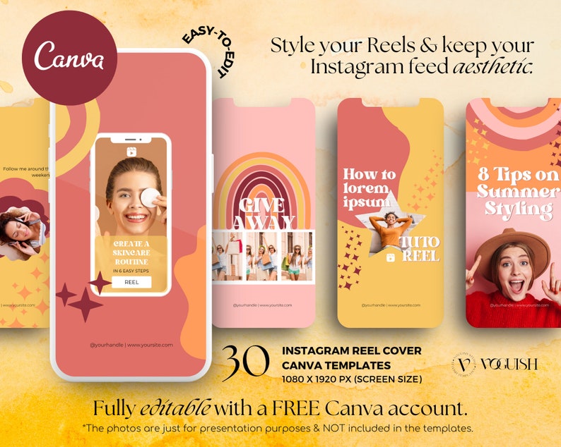 Może przedstawiać: Zestaw 30 szablon&oacute;w okładek rolek na Instagramie do Canva. Szablony zawierają r&oacute;żnorodne kolorowe wzory z tekstem, kt&oacute;ry brzmi "Give Away", "How to lorem ipsum" i "8 Tips on Summer Styling". Szablony są w pełni edytowalne za pomocą bezpłatnego konta Canva.