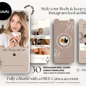 Pu&ograve; includere: 30 modelli di copertina per reel di Instagram per Canva. I modelli sono 1080 x 1920 pixel e presentano una variet&agrave; di design, tra cui una donna che tiene una tazza di caff&egrave;, un design a tema autunnale con un cappello e una sciarpa, un design di omaggio con una maglietta nera e gialla e un design di reel con una tazza di caff&egrave; e un dolce. I modelli sono completamente modificabili con un account Canva gratuito.