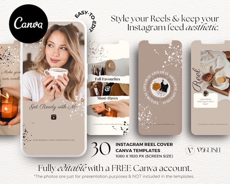 Pu&ograve; includere: 30 modelli di copertina per reel di Instagram per Canva. I modelli sono 1080 x 1920 pixel e presentano una variet&agrave; di design, tra cui una donna che tiene una tazza di caff&egrave;, un design a tema autunnale con un cappello e una sciarpa, un design di omaggio con una maglietta nera e gialla e un design di reel con una tazza di caff&egrave; e un dolce. I modelli sono completamente modificabili con un account Canva gratuito.