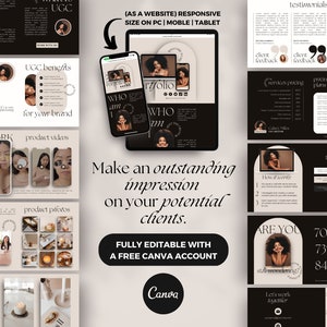 May include: A website template design for a beauty or skincare brand. The template is fully editable with a free Canva account. The design features a black and white color scheme with a modern and minimalist aesthetic. The template includes sections for testimonials, services pricing, pricing plans, the process, and a call to action to work together. The text "Make an outstanding impression on your potential clients." is featured in the center of the design.