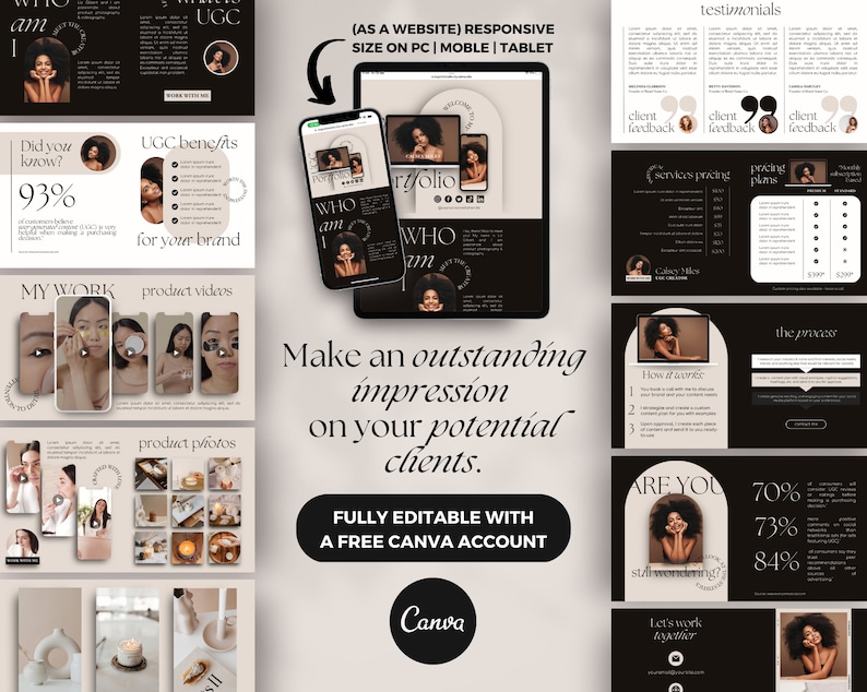 May include: A website template design for a beauty or skincare brand. The template is fully editable with a free Canva account. The design features a black and white color scheme with a modern and minimalist aesthetic. The template includes sections for testimonials, services pricing, pricing plans, the process, and a call to action to work together. The text "Make an outstanding impression on your potential clients." is featured in the center of the design.