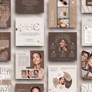 May include: A set of social media posts about user-generated content (UGC) for a beauty brand. The posts feature images of women using beauty products and text about the benefits of UGC for brands. The text includes phrases like "UGC benefits for your brand" and "Why does your brand need UGC?"