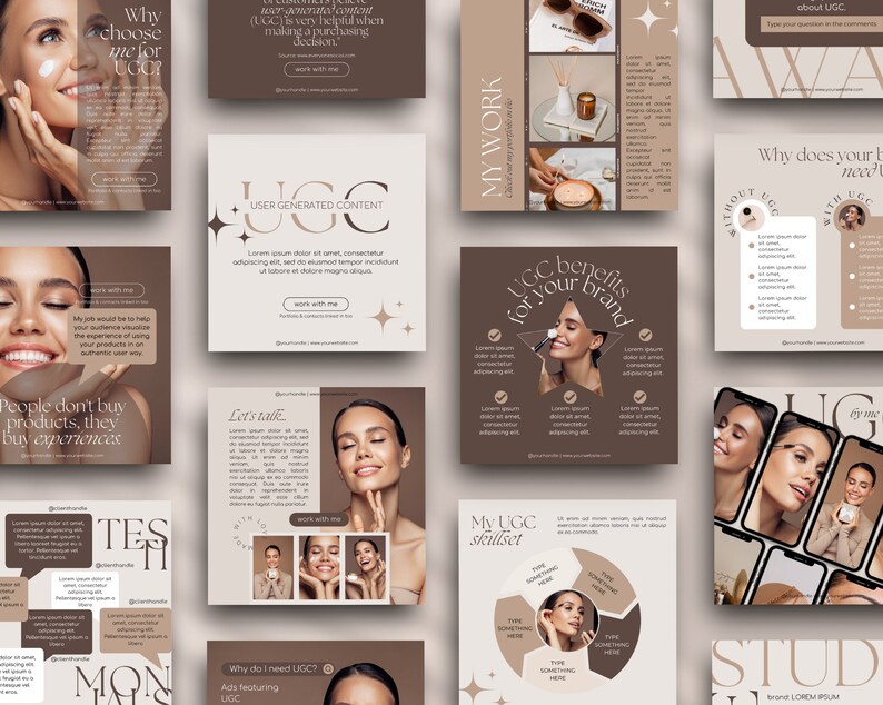 May include: A set of social media posts about user-generated content (UGC) for a beauty brand. The posts feature images of women using beauty products and text about the benefits of UGC for brands. The text includes phrases like "UGC benefits for your brand" and "Why does your brand need UGC?"