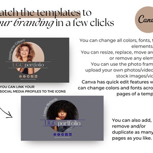 May include: A graphic promoting Canva templates for branding. The image features two mock-up portfolio templates with photos and social media icons. Text includes "Match the templates to your branding in a few clicks" and "UGC portfolio."
