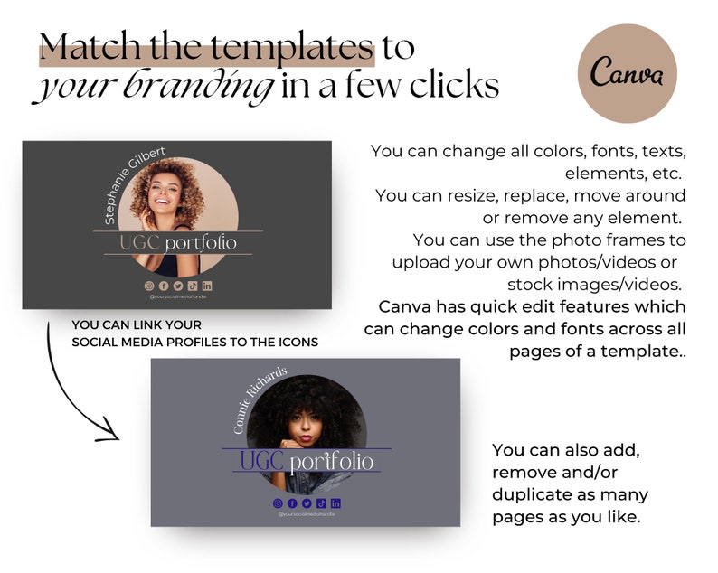 May include: A graphic promoting Canva templates for branding. The image features two mock-up portfolio templates with photos and social media icons. Text includes "Match the templates to your branding in a few clicks" and "UGC portfolio."