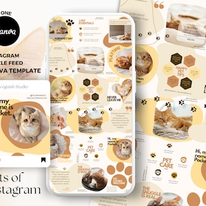 Pet Canva Instagram Puzzle Feed Template, Pet Instagram Templates, Cat Social Media Templates, Dog Instagram Templates, Grid Template, Canva