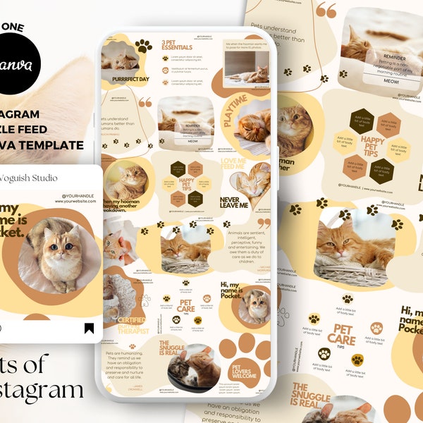Pet Canva Instagram Puzzle Feed Template, Pet Instagram Templates, Cat Social Media Templates, Dog Instagram Templates, Grid Template, Canva