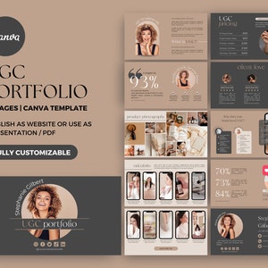 May include: A Canva UGC Portfolio template with a neutral color scheme. The design includes text elements such as "UGC PORTFOLIO," "11 PAGES," and "FULLY CUSTOMIZABLE." The template features sections for product photography, videofolio, and client testimonials.