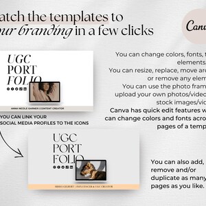 May include: A Canva template for a UGC portfolio with a beige background and black text. The text reads "UGC Portfolio" with a line of icons below. The template features a photo of a woman with brown hair and a white shirt. The text below the photo reads "Anna Nicole Garner | Content Creator". The text below the icons reads "You can link your social media profiles to the icons".