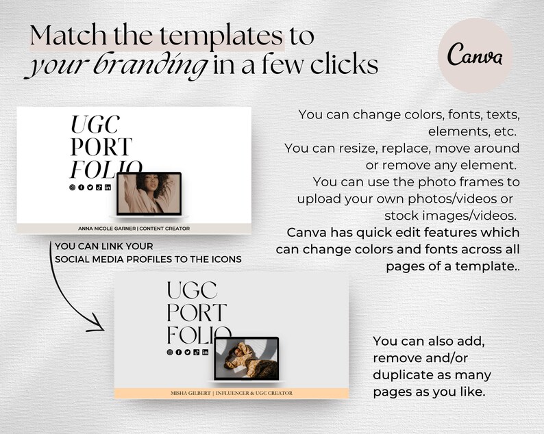 May include: A Canva template for a UGC portfolio with a beige background and black text. The text reads "UGC Portfolio" with a line of icons below. The template features a photo of a woman with brown hair and a white shirt. The text below the photo reads "Anna Nicole Garner | Content Creator". The text below the icons reads "You can link your social media profiles to the icons".