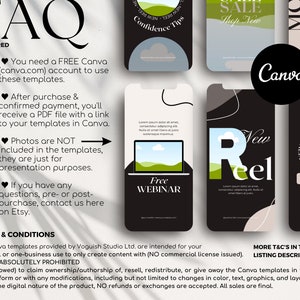 May include: A black and white graphic with the text "FAQ Answered" and a list of frequently asked questions about using Canva templates. The text includes information about needing a free Canva account, receiving a PDF file after purchase, and the fact that photos are not included in the templates. The graphic also includes a section titled "Terms & Conditions" with information about the use of the templates.