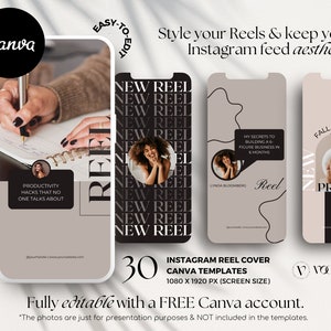 May include: A set of 30 Instagram reel cover templates for Canva. The templates are in a minimalist style with black text on a beige background. The text includes "New Reel" and "Fall in Love".
