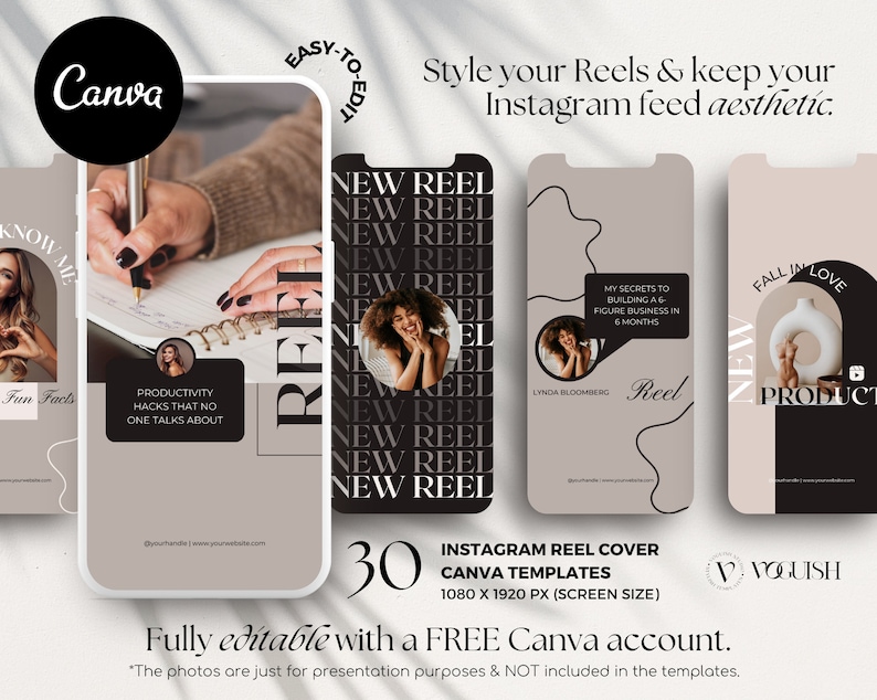 May include: A set of 30 Instagram reel cover templates for Canva. The templates are in a minimalist style with black text on a beige background. The text includes "New Reel" and "Fall in Love".
