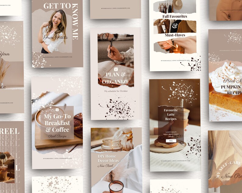 Pu&ograve; includere: Un collage di nove modelli di storie Instagram a tema autunnale. I modelli presentano immagini di cibo, bevande, arredamento per la casa e articoli per la cura di s&eacute;. Il testo sui modelli include frasi come "Preferiti autunnali", "La mia colazione e il mio caff&egrave; preferiti" e "Idee per l'arredamento fai-da-te".