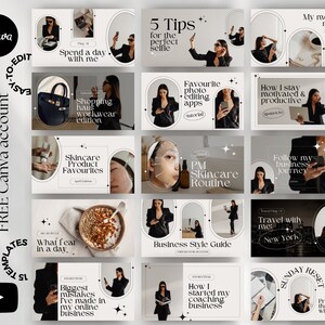 May include: A collage of 12 Instagram story templates with a minimalist aesthetic. The templates feature black and white photos of a woman, text, and illustrations. The text includes phrases like "Spend a day with me", "Shopping haul: workwear edition", "5 Tips for the perfect selfie", "My morning routine", "Favourite photo editing apps", "How I stay motivated & productive", "Skincare Product Favourites", "PM Skincare Routine", "Follow my business journey", "What I eat in a day", "Business Style Guide", "Travel with me: New York", "Biggest mistakes I've made in my online business", "How I started my coaching business", and "Sunday Reset: Prep for the week with me".