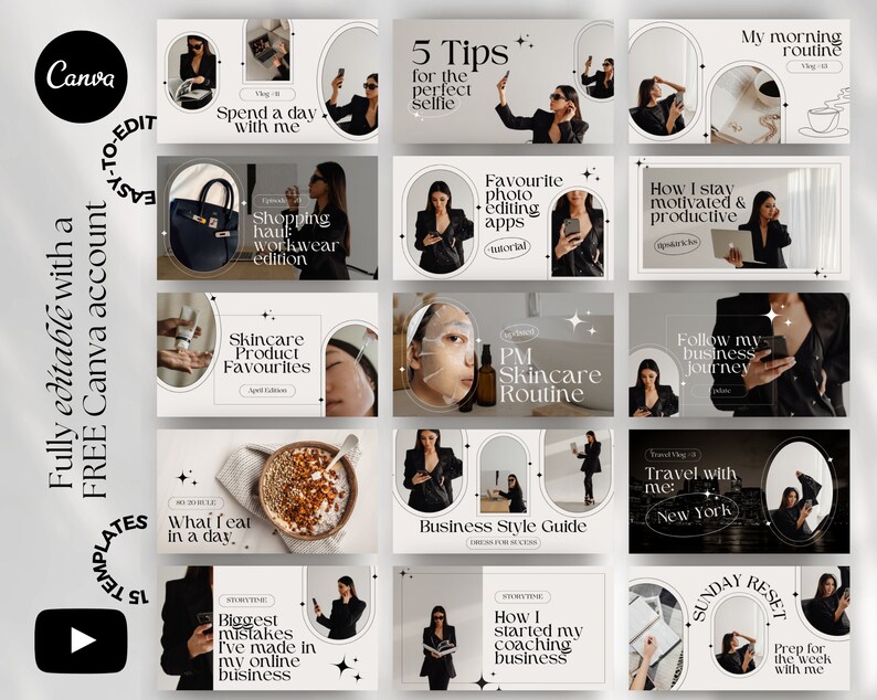 May include: A collage of 12 Instagram story templates with a minimalist aesthetic. The templates feature black and white photos of a woman, text, and illustrations. The text includes phrases like "Spend a day with me", "Shopping haul: workwear edition", "5 Tips for the perfect selfie", "My morning routine", "Favourite photo editing apps", "How I stay motivated & productive", "Skincare Product Favourites", "PM Skincare Routine", "Follow my business journey", "What I eat in a day", "Business Style Guide", "Travel with me: New York", "Biggest mistakes I've made in my online business", "How I started my coaching business", and "Sunday Reset: Prep for the week with me".