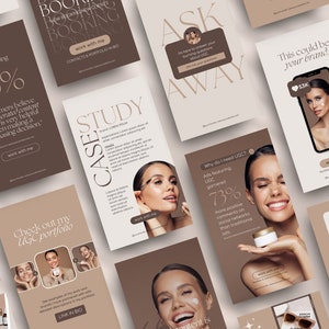 May include: A collection of social media graphics for a beauty brand. The graphics feature a case study, a call to action to book, a testimonial, and a question and answer section. The graphics are in a neutral colour palette of brown and white.