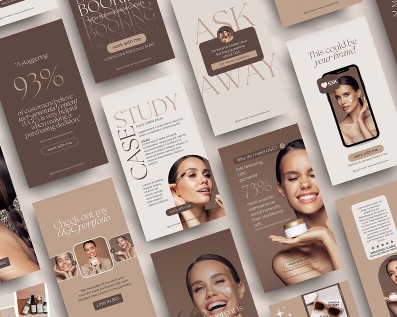 May include: A collection of social media graphics for a beauty brand. The graphics feature a case study, a call to action to book, a testimonial, and a question and answer section. The graphics are in a neutral colour palette of brown and white.
