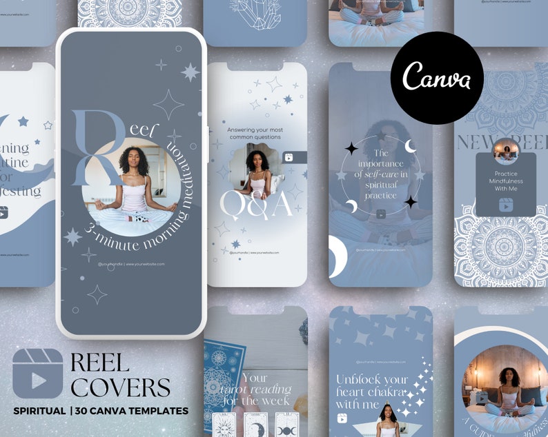 May include: A collection of light blue Canva templates for Instagram Reels, featuring spiritual and wellness themes. The templates include text overlays such as "3-minute morning meditation" and "The importance of self-care in spiritual practice."