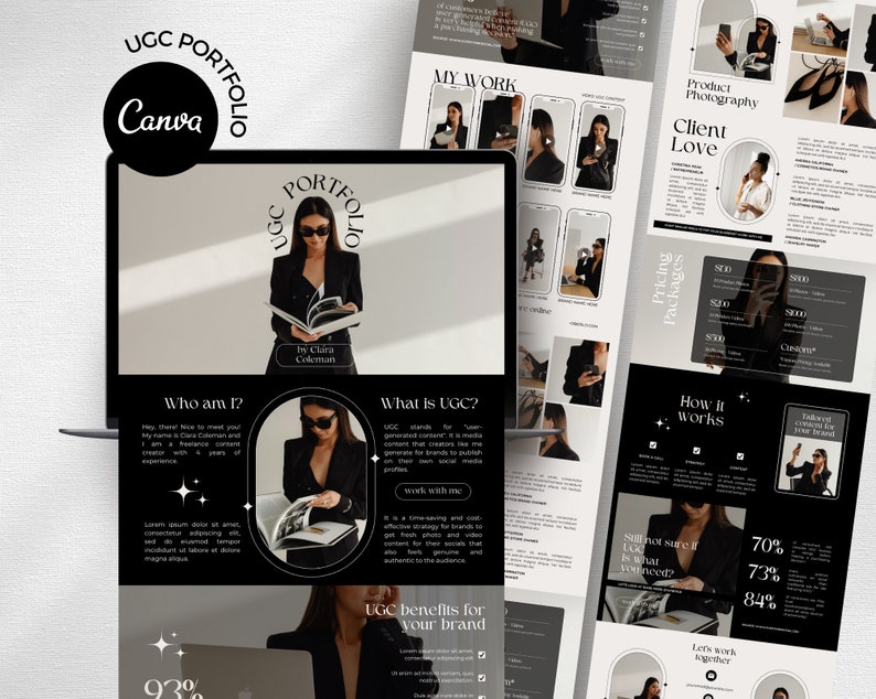 Op de afbeelding: Een website-mockup voor een portfolio met door gebruikers gegenereerde content (UGC). De website heeft een zwart-wit kleurenschema met een modern ontwerp. De tekst op de website omvat "UGC Portfolio", "Wie ben ik?", "Wat is UGC?", "Voordelen van UGC voor uw merk", "Prijspakketten", "Hoe het werkt", "Nog steeds niet zeker of dit is wat u nodig heeft?", en "Laten we samenwerken".
