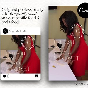 May include: A woman in a red dress stands in front of a white table, holding a white notebook. The text "UNLEASH your powerful MINDSET" is visible on the notebook. The text "INSPIRATION TUESDAY" is in a circle around the woman's head.