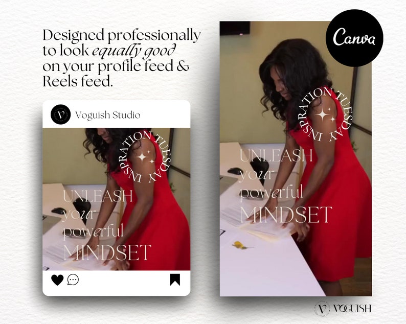 May include: A woman in a red dress stands in front of a white table, holding a white notebook. The text "UNLEASH your powerful MINDSET" is visible on the notebook. The text "INSPIRATION TUESDAY" is in a circle around the woman's head.