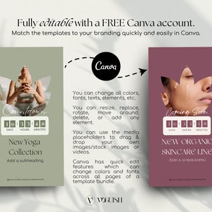 Puede incluir: Dos plantillas verticales con un temporizador de cuenta regresiva, que promocionan una nueva colecci&oacute;n de yoga y una nueva l&iacute;nea de cuidado de la piel org&aacute;nico. Totalmente editables con una cuenta gratuita de Canva. El texto incluye "Countdown" y "Coming Soon".
