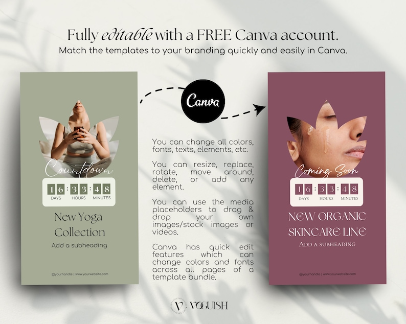 Puede incluir: Dos plantillas verticales con un temporizador de cuenta regresiva, que promocionan una nueva colecci&oacute;n de yoga y una nueva l&iacute;nea de cuidado de la piel org&aacute;nico. Totalmente editables con una cuenta gratuita de Canva. El texto incluye "Countdown" y "Coming Soon".