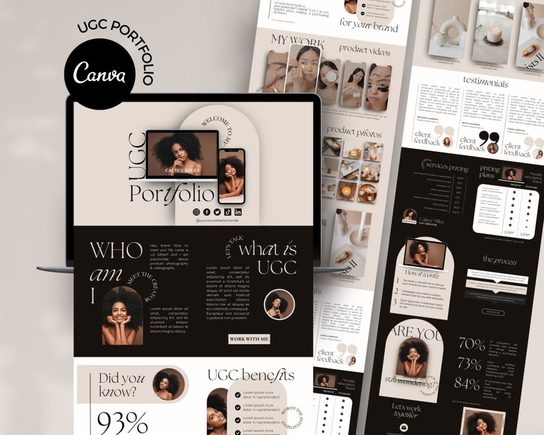 May include: A website mockup for a UGC portfolio showcasing a woman's work as a content creator. The website features a black and white color scheme with a modern design. The text on the website includes "UGC Portfolio", "Who am I", "What is UGC", "Work with me", "UGC Benefits", "Did you know? 93%", "Testimonials", "Client Feedback", "Pricing Plans", "The Process", "How it works", "Are you star-seeking? Let's work together!" and "70%, 73%, 84%".