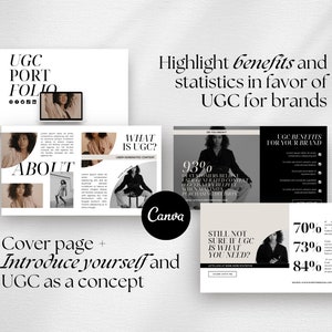 May include: A presentation slide deck with a black and white color scheme. The slide deck is about User Generated Content (UGC) and its benefits for brands. The slides include statistics about UGC, such as 93% of customers believe that user-generated content is more influential than brand-created content when making purchasing decisions. The slides also include the text "What is UGC?" and "UGC Benefits for Your Brand".