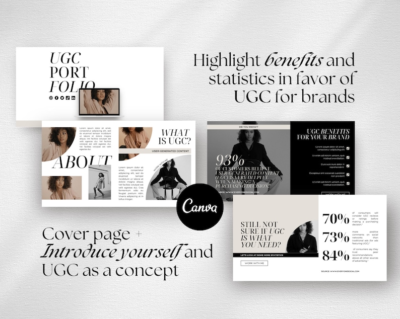 May include: A presentation slide deck with a black and white color scheme. The slide deck is about User Generated Content (UGC) and its benefits for brands. The slides include statistics about UGC, such as 93% of customers believe that user-generated content is more influential than brand-created content when making purchasing decisions. The slides also include the text "What is UGC?" and "UGC Benefits for Your Brand".