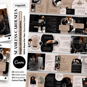 May include: A collection of social media templates with a neutral color palette, including black, beige, and white. The templates are designed for business coaches and feature text and images. The Canva logo is visible, indicating the templates are compatible with the platform.